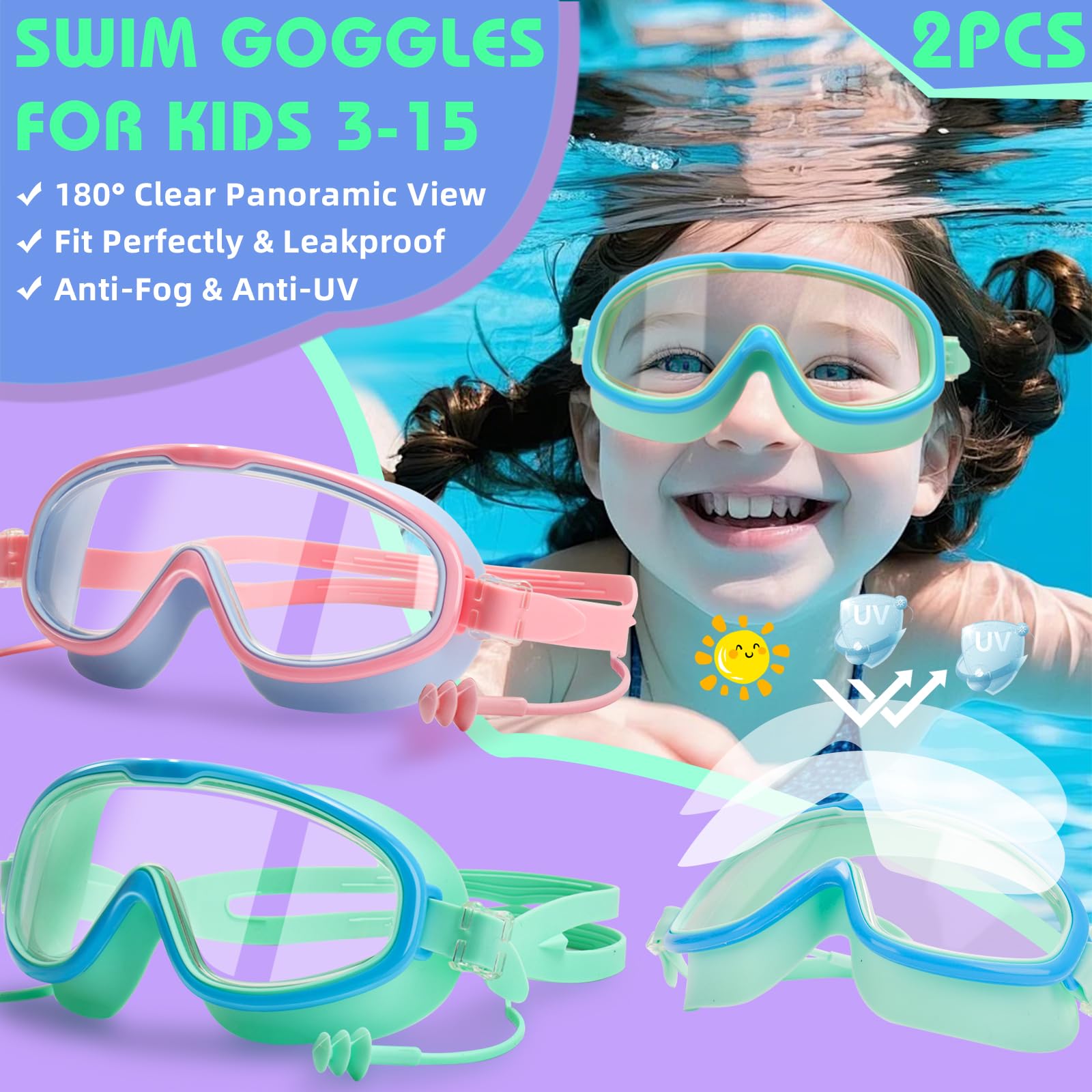 Paquete de 2 gafas de natación antivaho para piscina, adecuadas para edades de 3 a 15 años