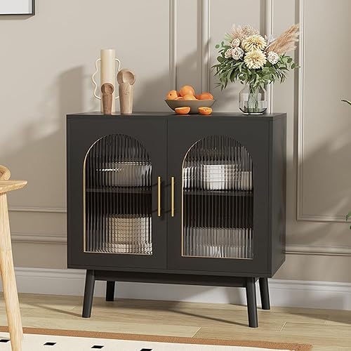 Miniatura 5 de Aparador de buffet con almacenamiento de cocina, acento con puertas de cristal, gabinete de almacenamiento moderno negro para sala de estar,