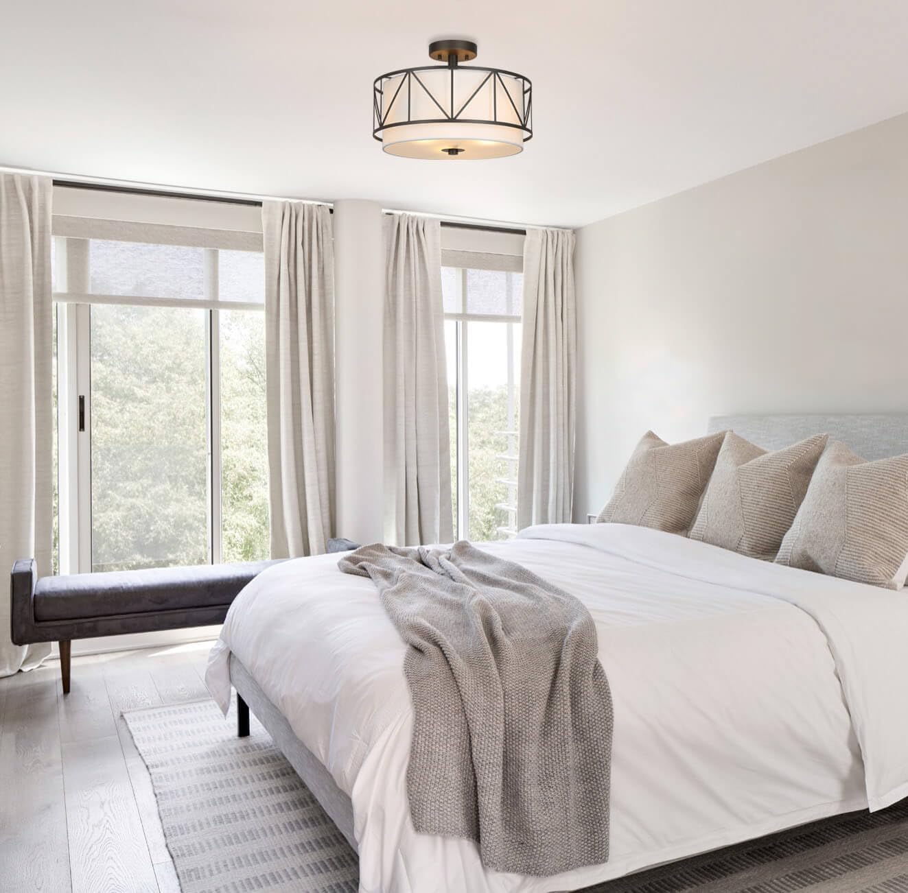 XiNBEi Lighting 16 inch Semi Flush Mount Ceiling Light Fixture with Metal Cage, Modern Drum Light Fixture for Bedroom Kitchen Ceiling Light Fixture for Dining Room XB-SF330-DB