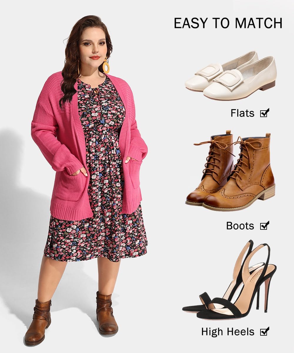 CARCOS Plus Size Dress for Women Tie V Neck Midi Dresses Long Sleeve Boho Dress Elastic High Waist Tunic Dress with Pockets - Image 4