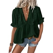 LALAGEN Womens Blouses Laser Cut Deep V-Neck Puff Sleeve Blouse Tops 2026 Summer Boho Dressy Casual Swiss Dot Babydoll Shirts