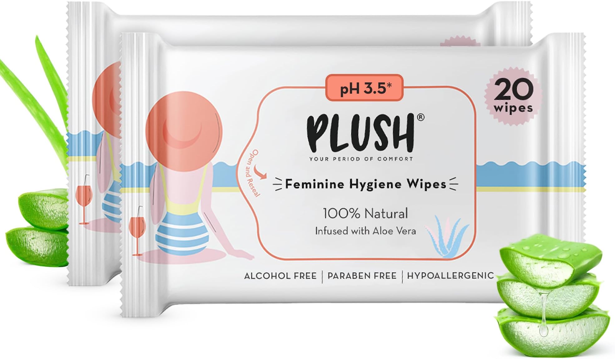 Plush Bamboo-made Intimate Vaginal Wipes 100% Biodegradable with Aloe Vera for Women Daily Use, Pack of 2(40 count) | 100% Biodegradable | Maintains Vagina pH Balance | No Chemicals