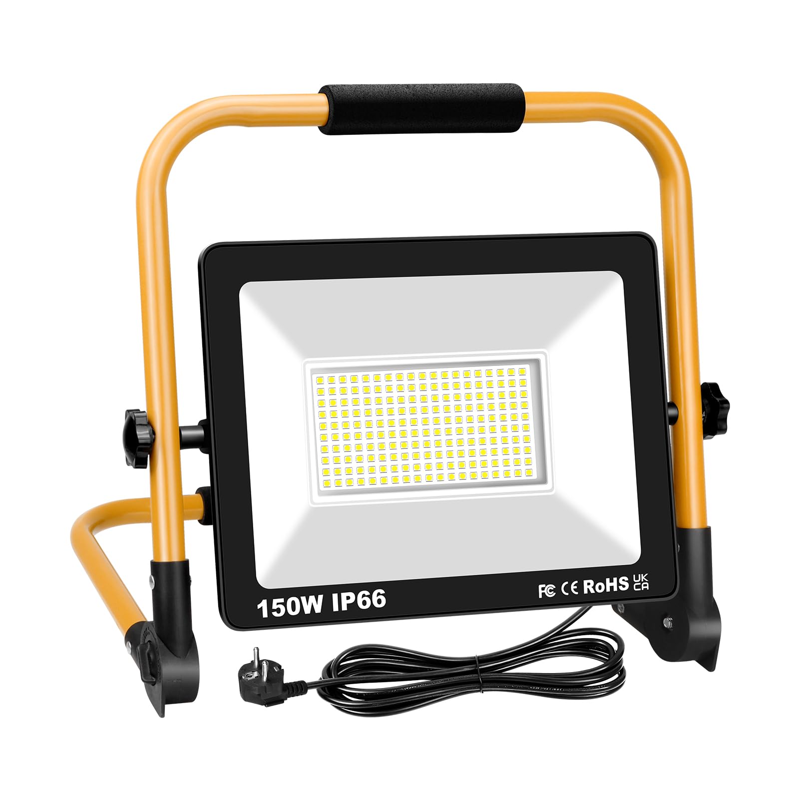 RIGIDON 150W Faretto LED da Cantiere, 15000LM Faro LED Portatile con Cavo 3M Rotazione 180° con Staffa Pieghevole Lampada da Lavoro Proiettore LED Impermeabile per Esterno Lavori Officina e Garage