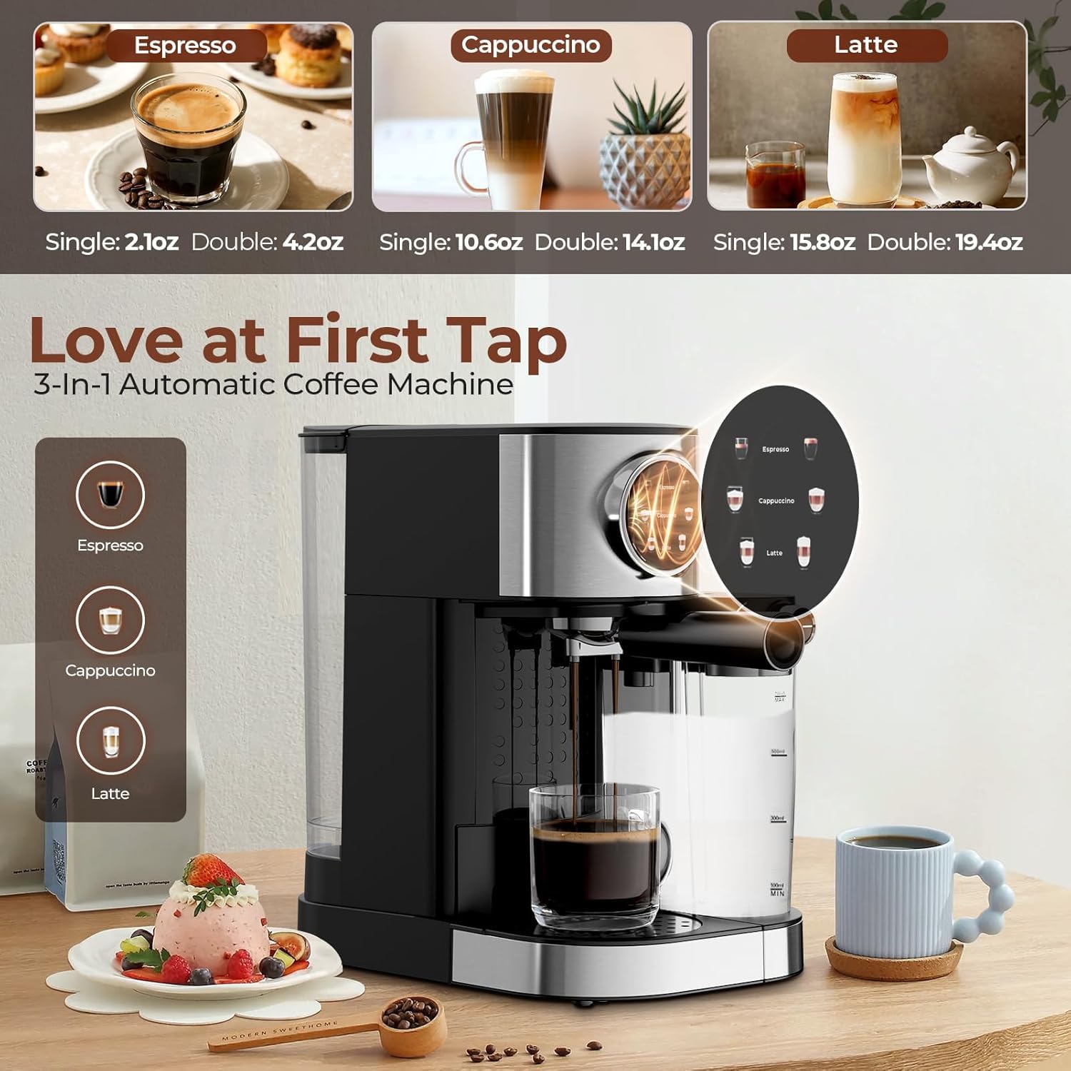 Espresso Machine 20 Bar, Super Compact Espresso Maker Stainless Steel with Touch Screen, Professional Coffee Machine, Automatic Milk Frother for Cappuccino