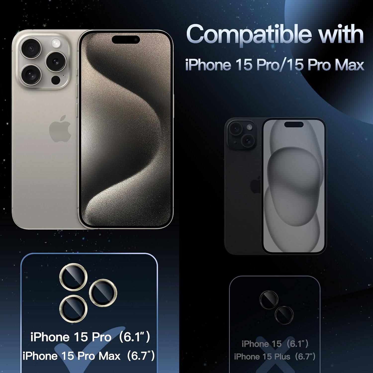 JETech Camera Lens Protector for iPhone 15 Pro 6.1-Inch and iPhone 15 Pro Max 6.7-Inch, 9H Tempered Glass Metal Individual Ring Cover, HD Clear, 1 Set (Natural Titanium)