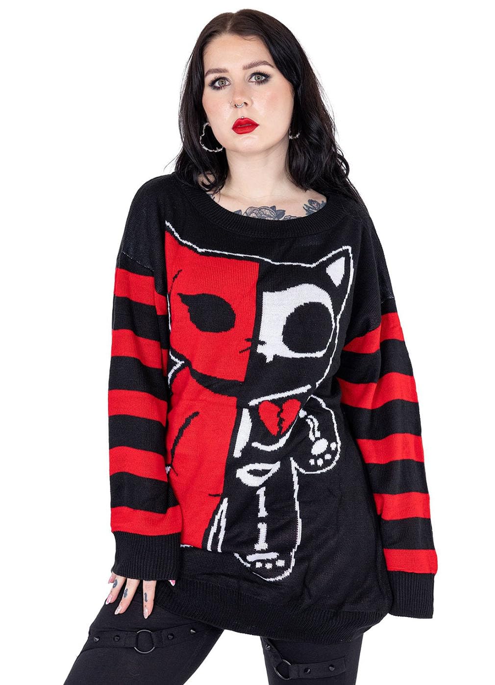 Cupcake Cult Red Half Dead Cat Jumper Gothic Skeleton Wide Stripe Knitted Ghost, 2XL