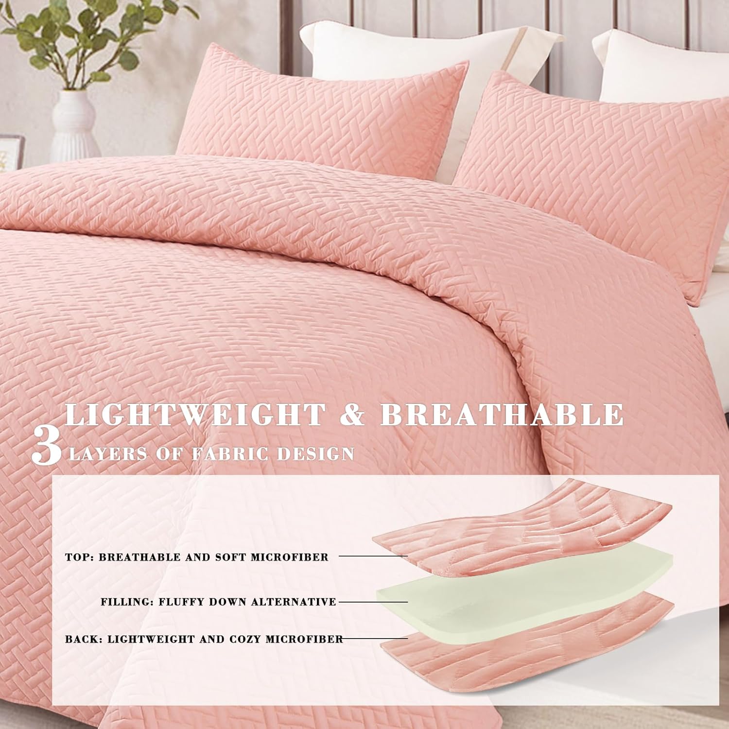 Exclusivo Mezcla Full Queen Size Quilt Bedspreads with Basket Weave Pattern, Soft Lightweight Summer Quilts Bedding Set Coverlets Bed Cover for All Seasons, Blush Pink