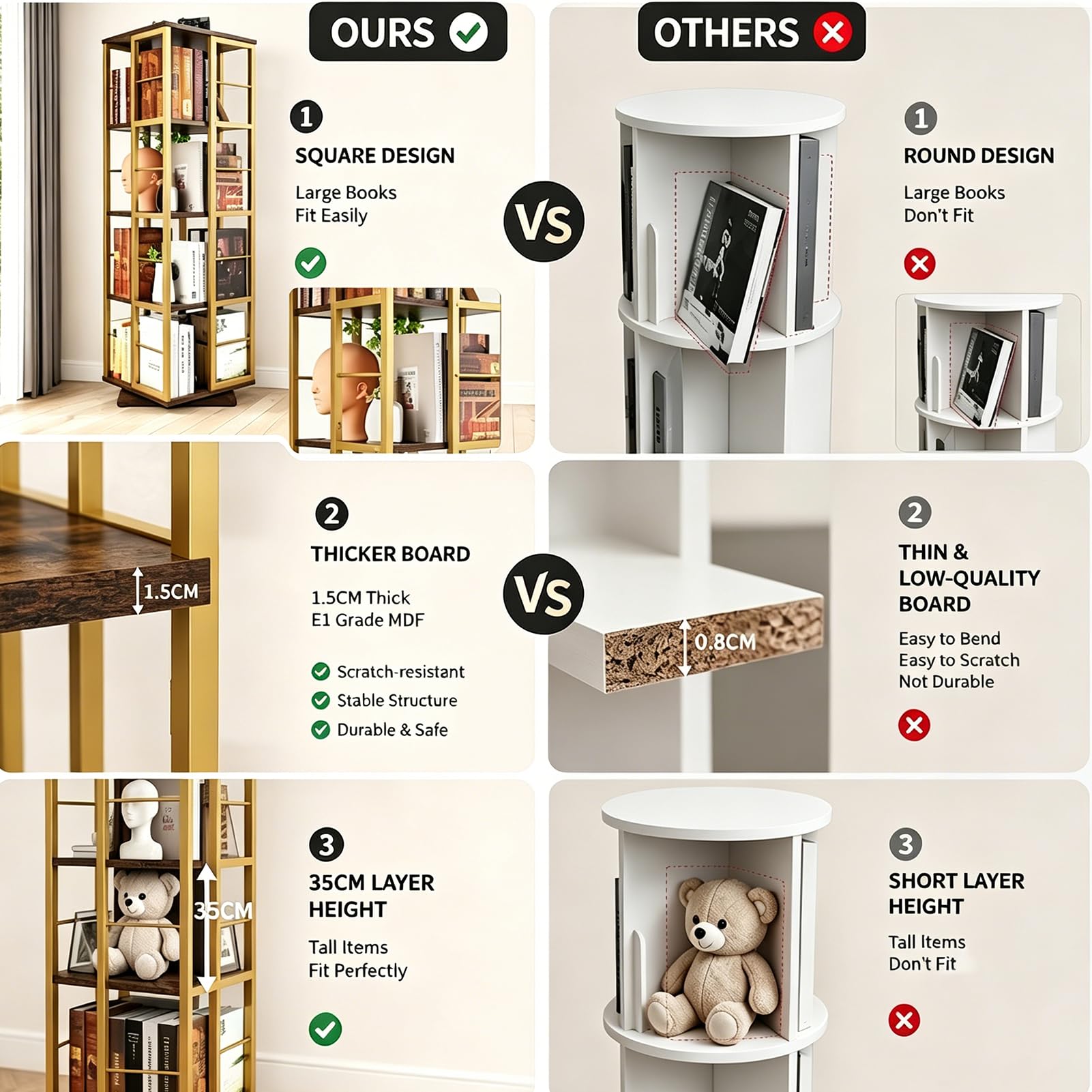 Drehbares Bücherregal 360° mit Stahlrahmen, 4 Fächer, 137 cm Gold | CD Regal & DVD Aufbewahrung, drehbares Bücherregal 360° mit Kippsicherung, stabiler Stahlrahmen für Wohnzimmer & Büro