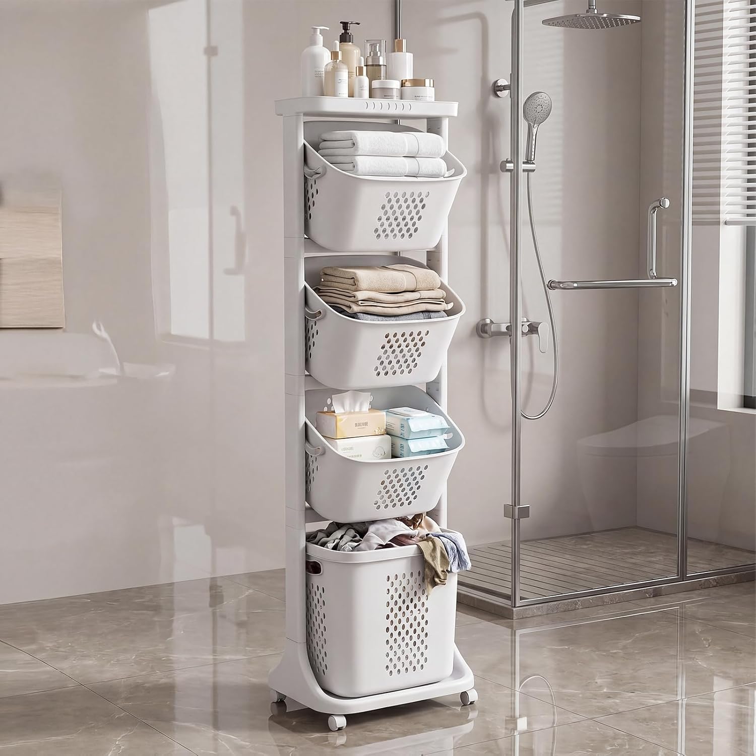 4-Tier Laundry Hamper Sorter with Wheels, 54" Removable Rolling Baskets