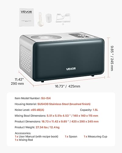 Miniatura 7 de VEVOR Máquina automática de helados con compresor integrado, 1.5 cuartos de galón sin precongelación para helados, máquina eléctrica de sorbetes,