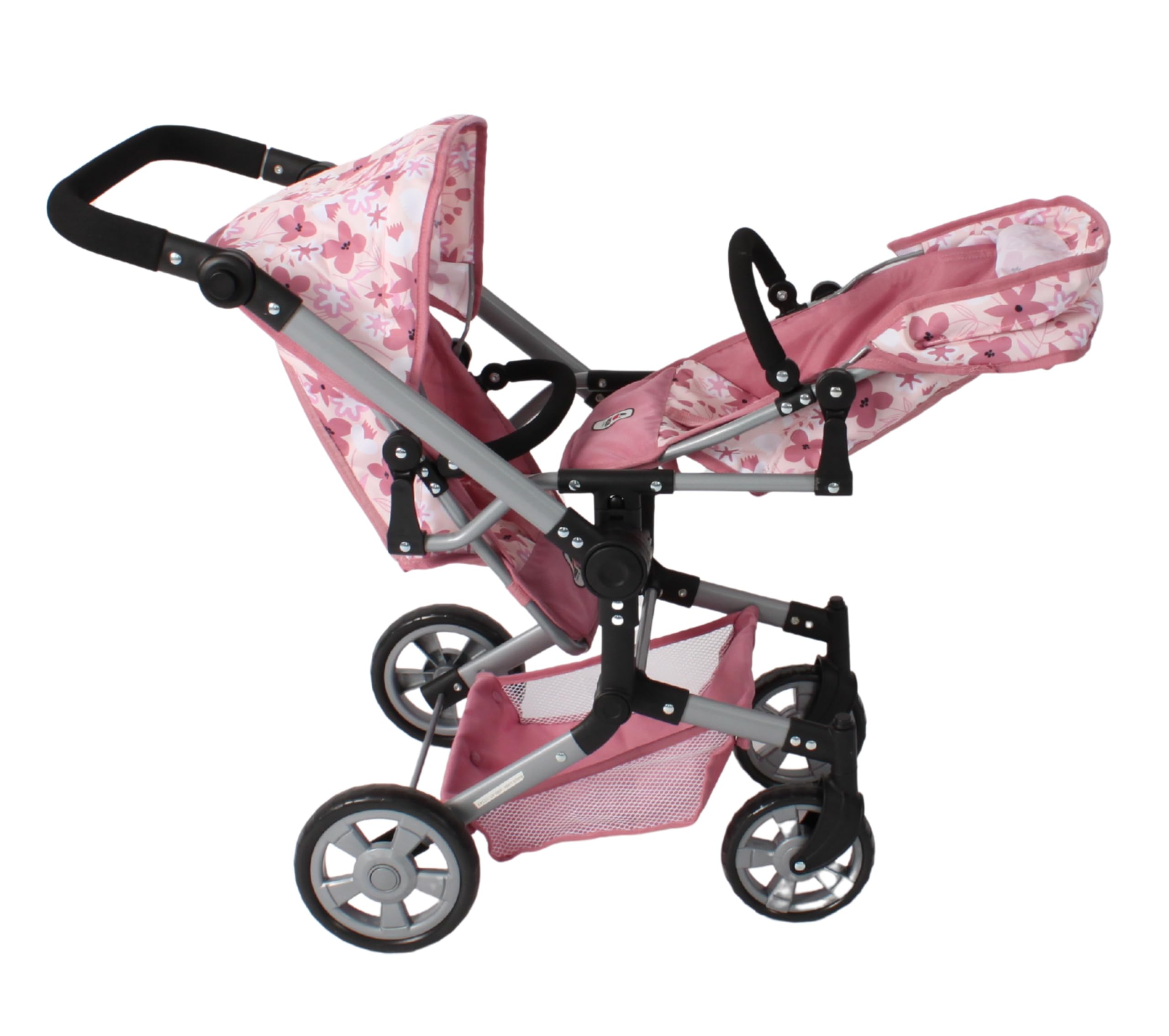 Bayer Chic 2000® Puppenwagen Linus Duo, Flowers rosa, faltbar | Zwillingspuppenwagen, Verstellbarer Griff 50-82 cm, Für Puppen bis 50 cm, 4-8 Jahre
