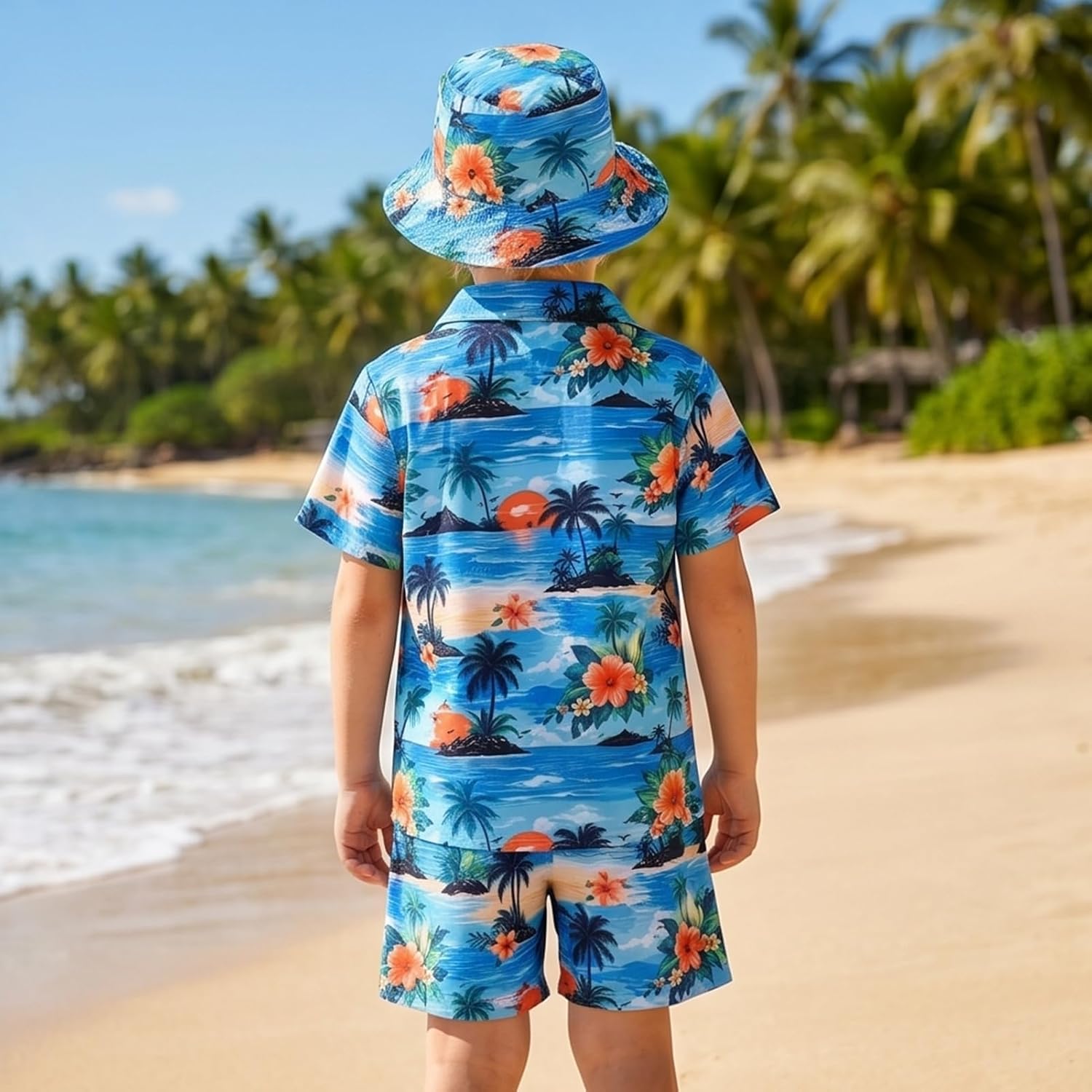 IMEKIS Boys Hawaiian Outfit 3Pcs Set Shirt Shorts Hat Summer Beach，2-7Years