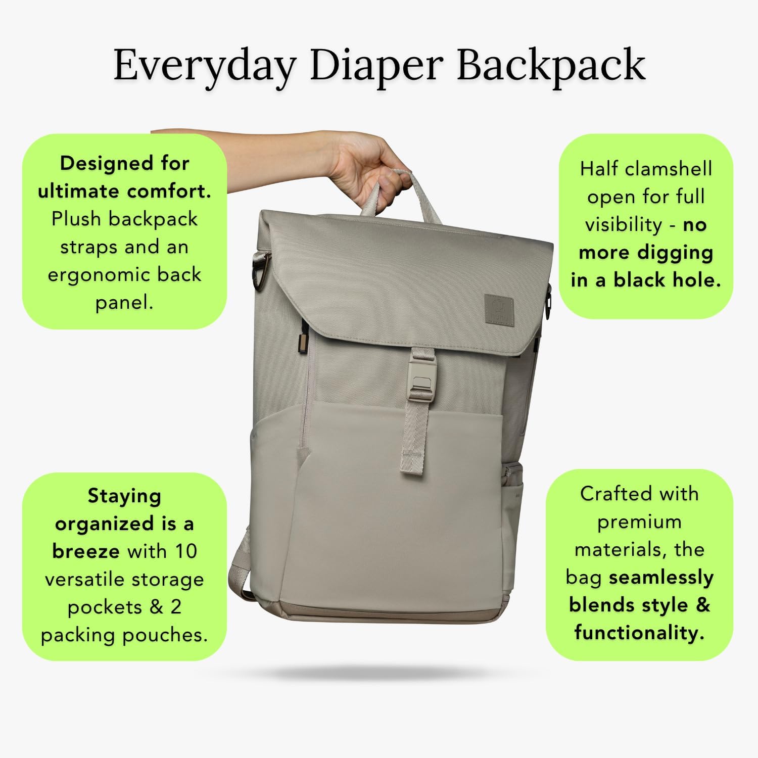Huhu Diaper Bag Backpack – Baby Bag for Moms & Dads – Water-Resistant, Unisex Travel Kit for New Parents – Includes Changing Pad and 2 Organizer Pouches (Daybreak Taupe) - Image 4
