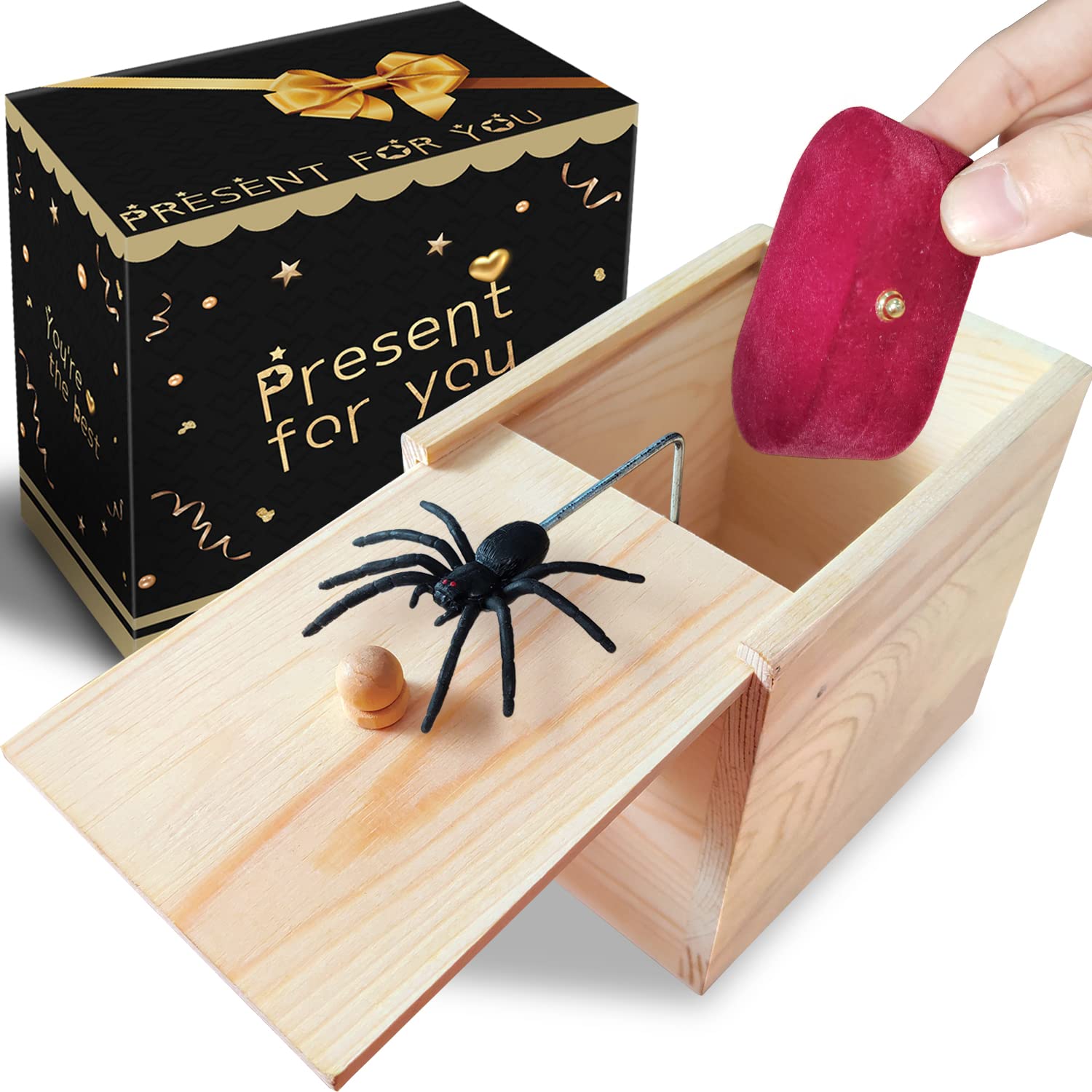 PARNIXS Rubber Upgraded Big Spider Prank Box Practical Maximum Version, Can Hold a Ring Credit Card Chain Perfume Watch, Handcrafted Wooden Surprise Box, Fun Practical Surprise Joke Boxes