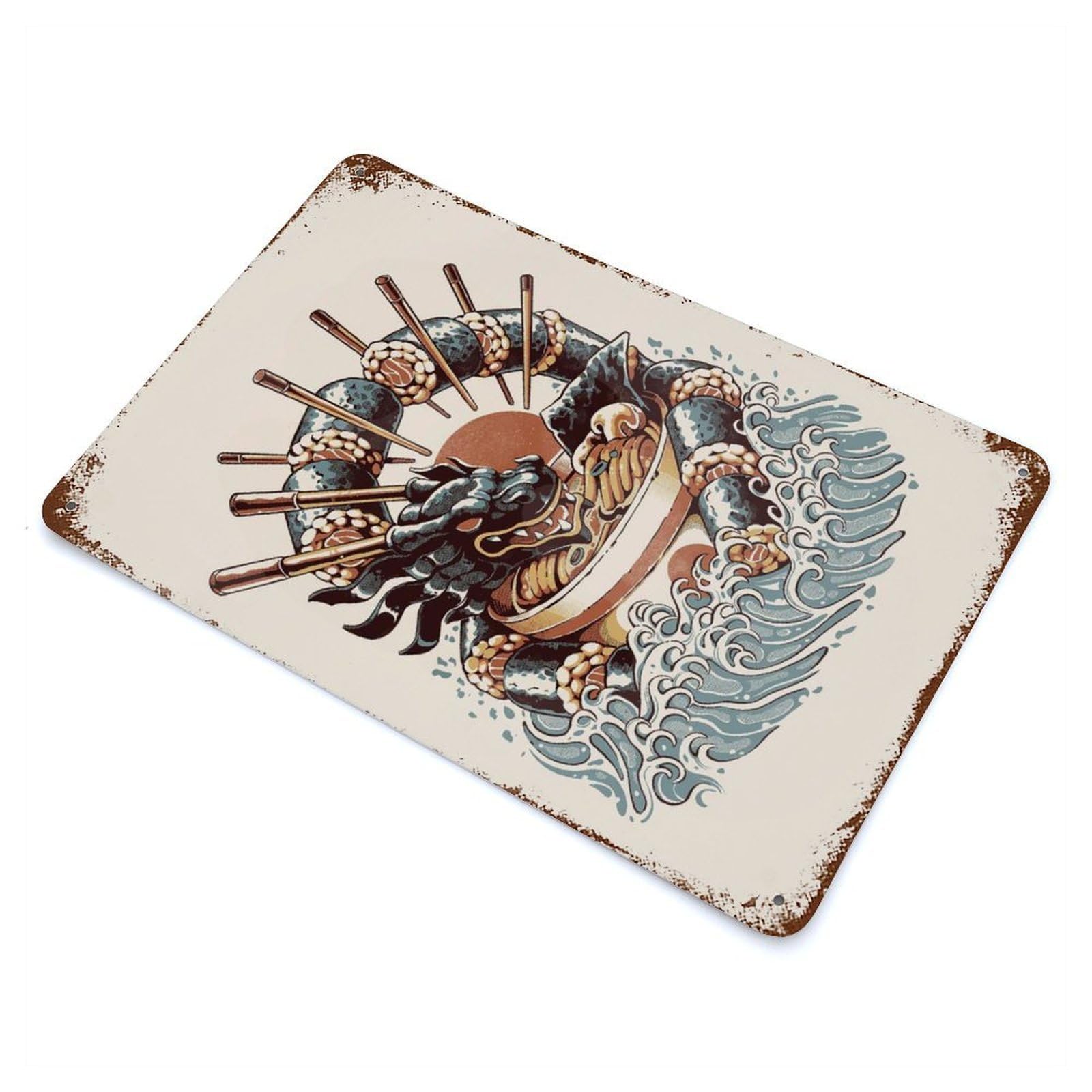 Dragon Sushi Ramen Weathered Tin Sign 11.8"x7.9", Ideal for Basement, Hobby Room And Garage Decor