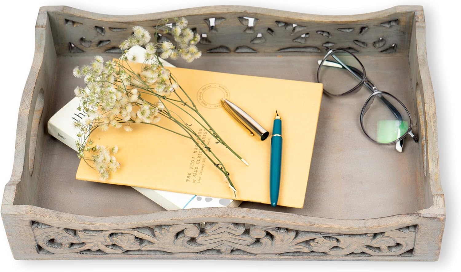 GoCraft Handmade Wooden Tray with Handles – Grey Washed Wood Serving Tray for Breakfast in Bed, Coffee, Tea, Snacks – Lattice Design Ottoman Tray with Cutout Handles, 15" x 10" x 3", Rustic & Stylish - Image 2