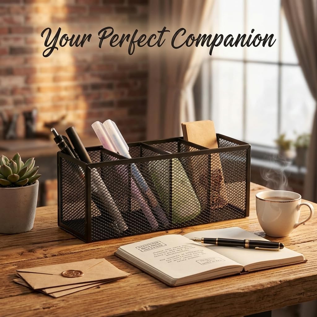 Metal Pen Holder, Pencil Holder 4 Compartments, Mesh Pen Storage Pencil Organizer Cup Makeup Brush Holder for Office Desk Accessories, Black image 4