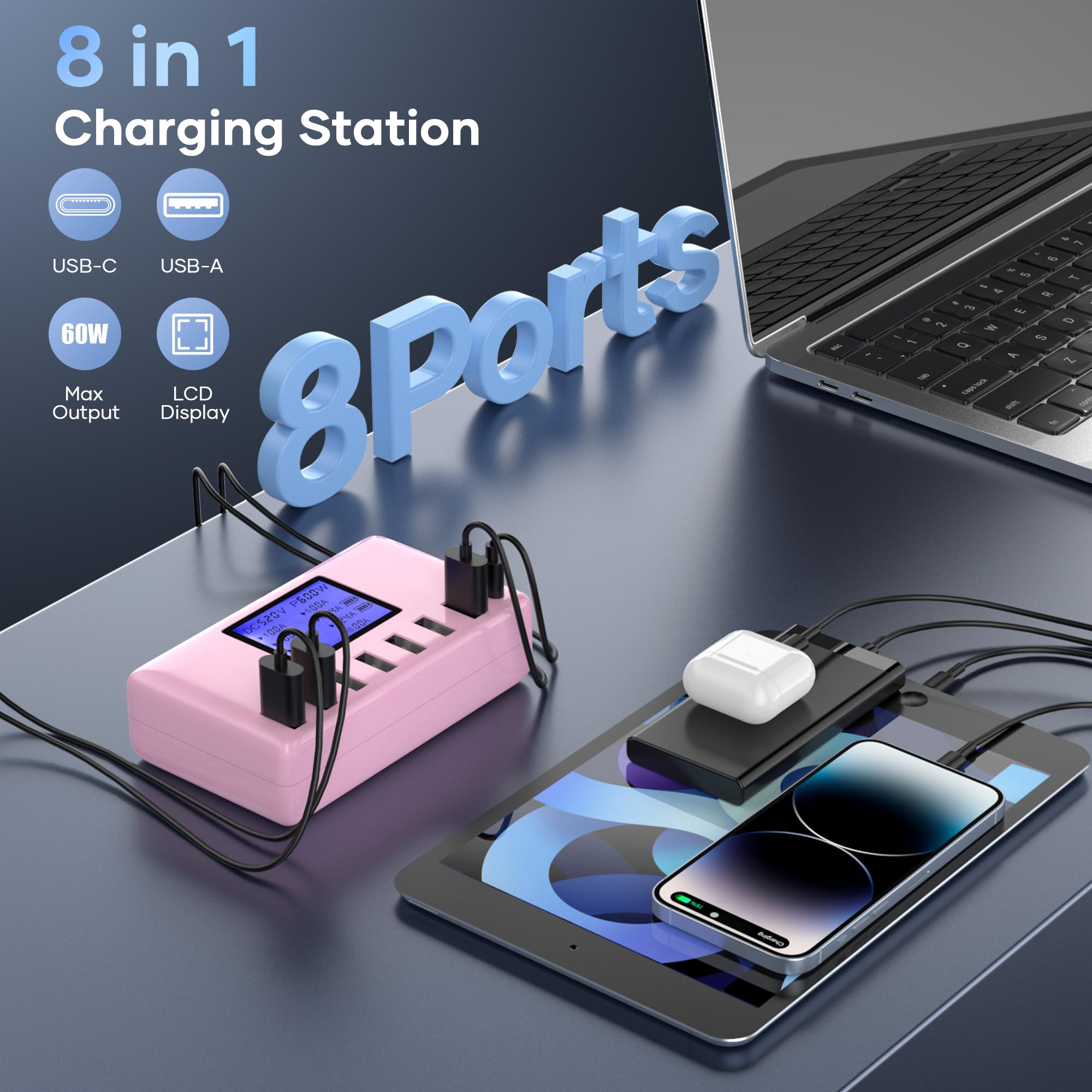 Stazione di ricarica USB 60W 8 porte Hub di ricarica USB 12A Stazione di ricarica USB con display LCD per più dispositivi, Caricabatterie intelligente da tavolo con hub USB C per iPhone iPad Android