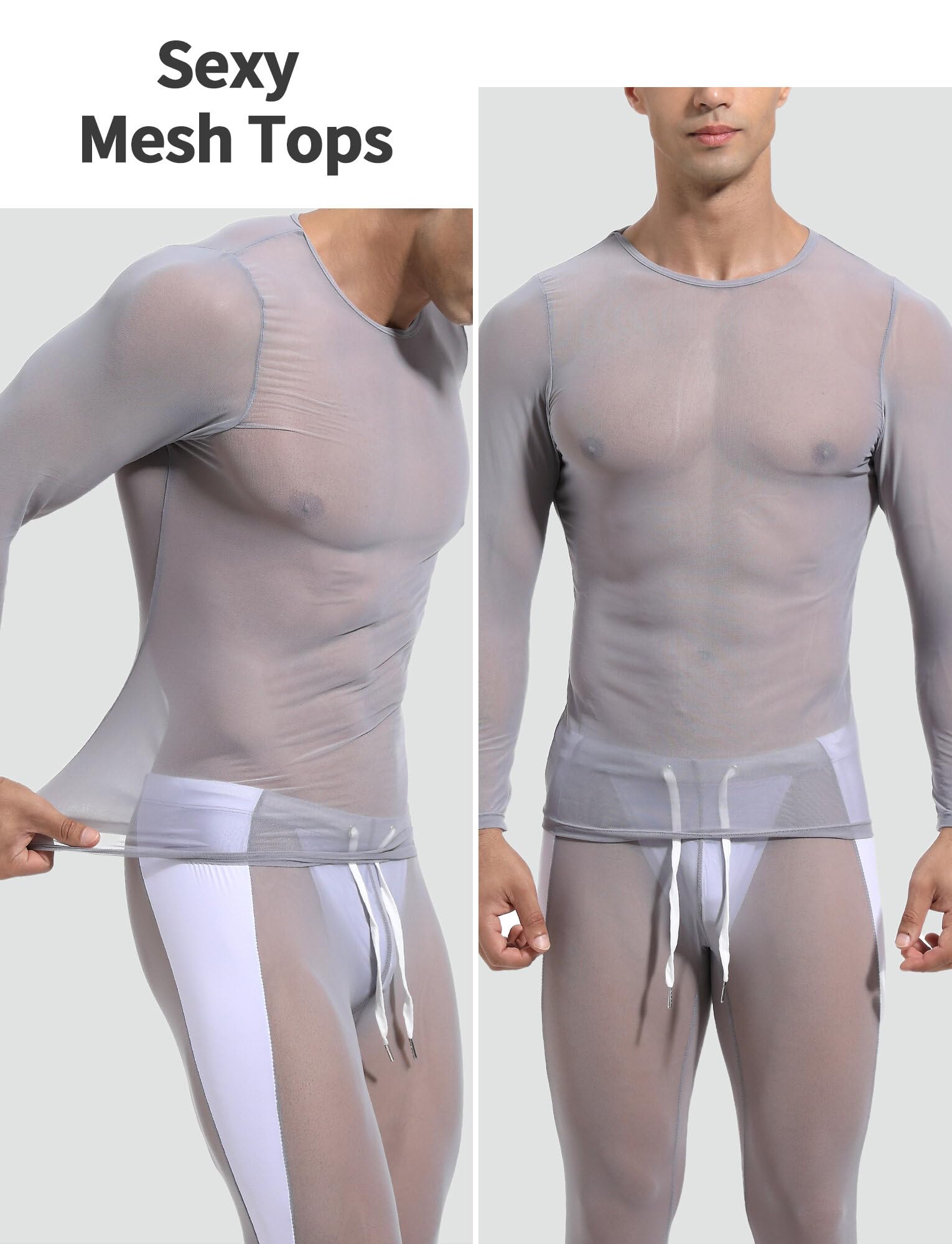 SEAUR T-shirt en maille transparente pour homme - Manches longues - Respirant - Transparent