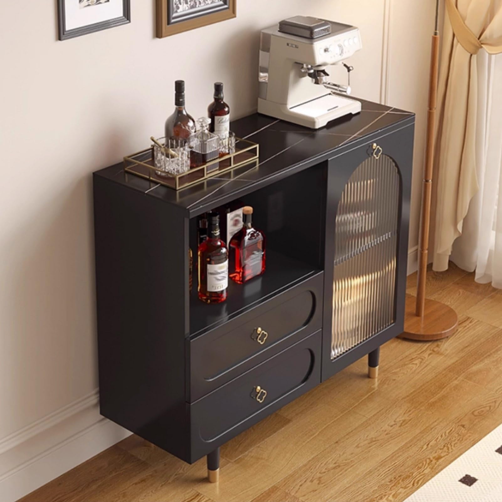 Buffet avec Rangements, Meuble de Rangement de Style Campagnard, Armoire avec Porte Cintrée À Rayures, pour Console de Salon Ou Buffet de Cuisine(Nero,39.3x15.7x37.4in)