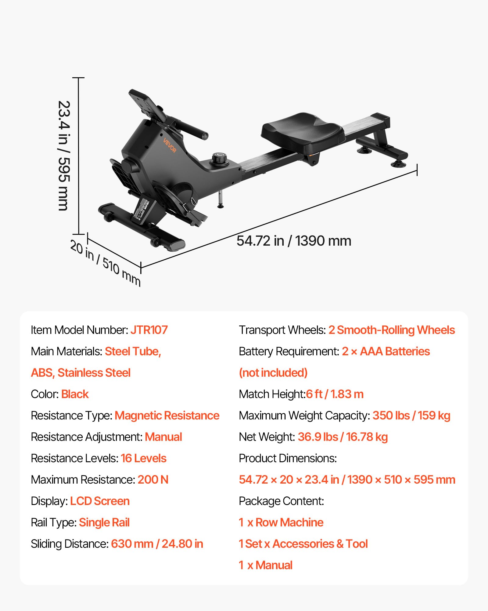 VEVOR Vogatore Magnetico, Resistenza Silenziosa Regolabile a 16 Livelli, Vogatore Pieghevole per la Casa, Capacità 158 kg, Vogatori Allenamento Aerobico con APP Bluetooth e Monitor LCD