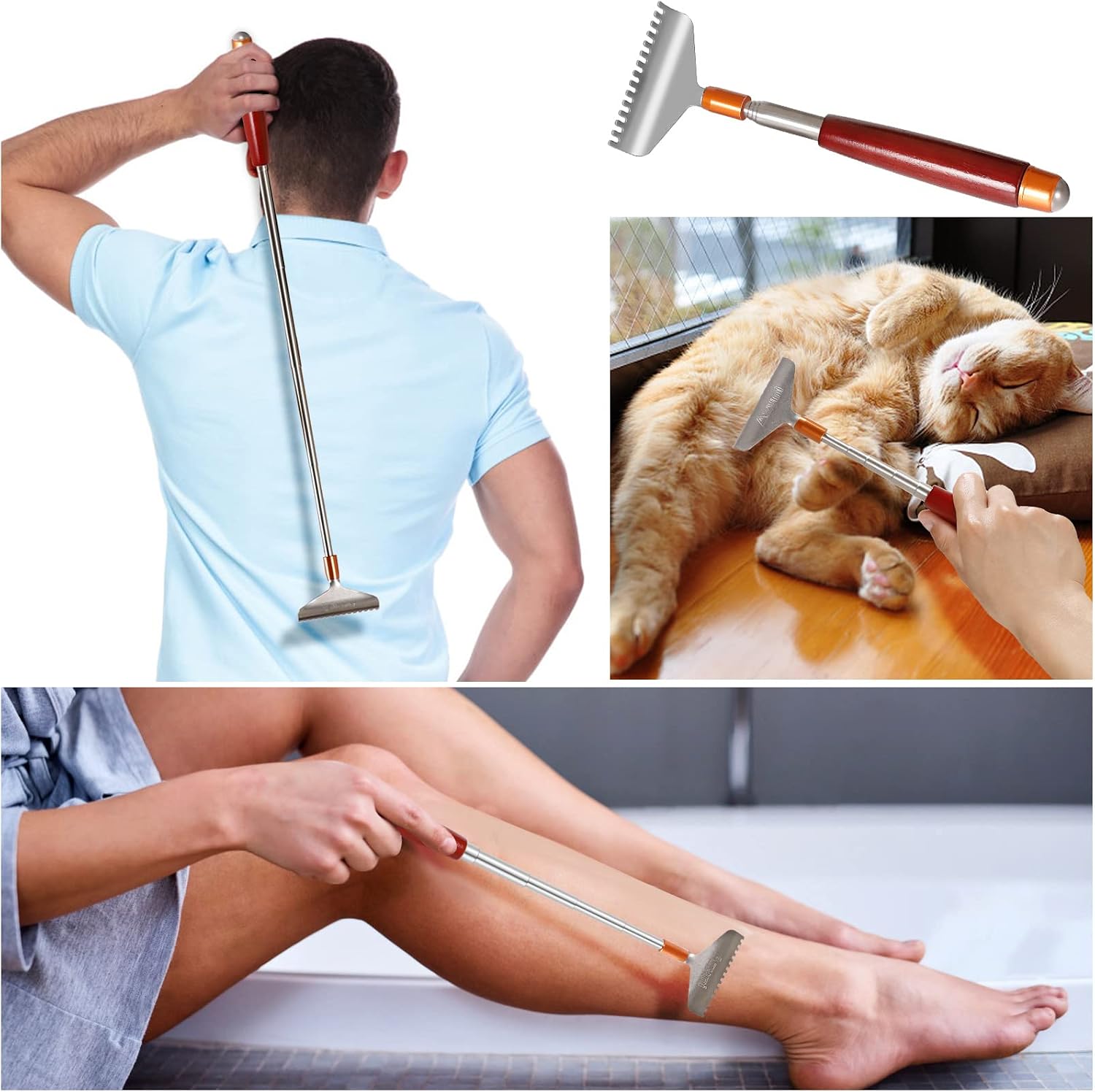 Back Scratcher Long Oversize, Azymi Back Scratcher for Men Adults Extendable with Wood Handle Massage Roller, Stainless Steel Extra Wide Claw Manual Back Scratcher Massager