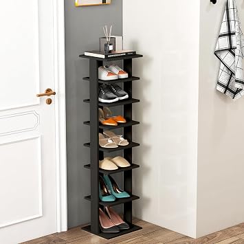 7 Tiers Vertical Shoe Rack, Wooden Slim Shoe Storage Shelf, Narrow Shoe Stand Tower for Boots, Space Saving Shoe Organizer for Closet, Entryway, Front Door Small, Black