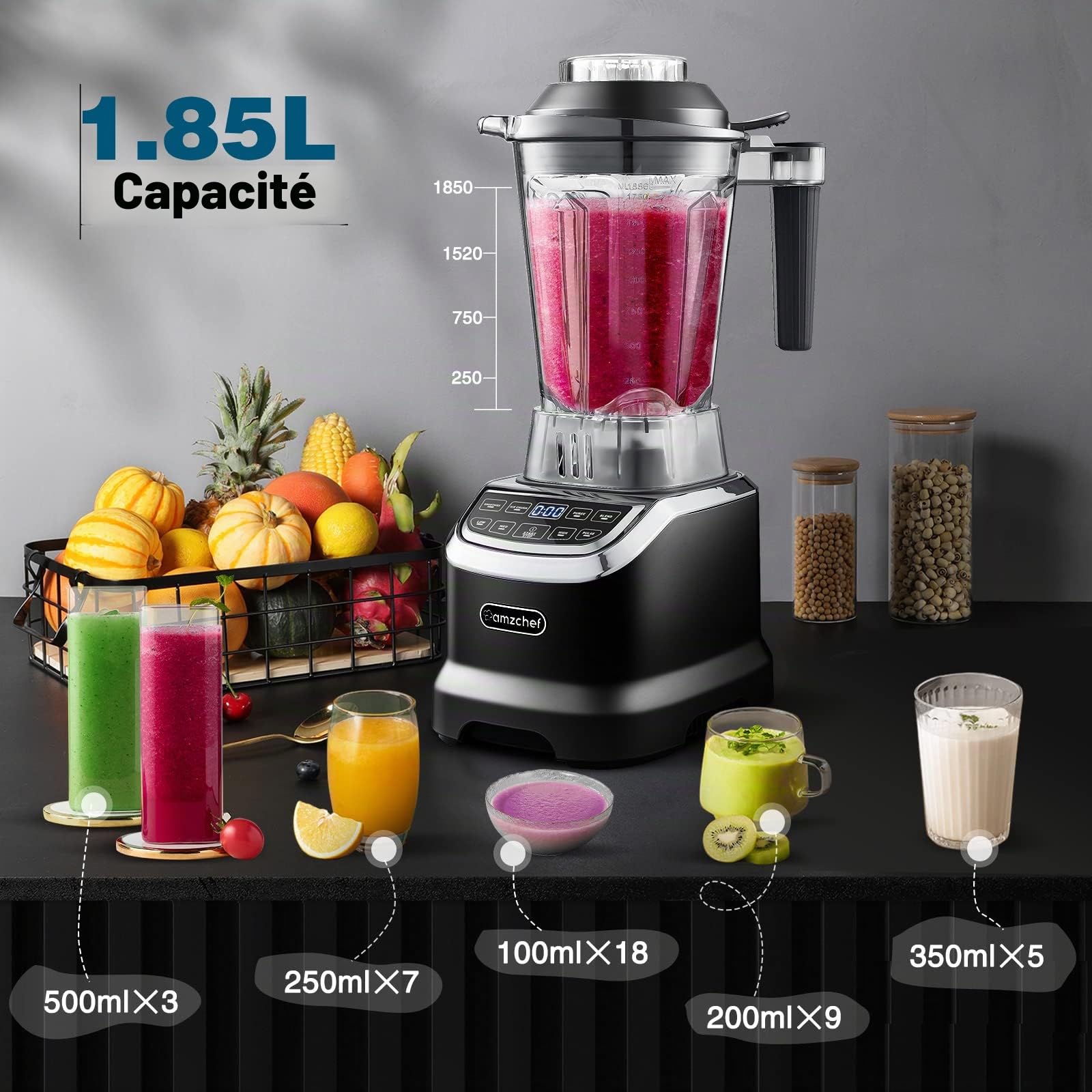 AMZCHEF Blender professionnel 1800 W, blender multifonctionnel avec écran tactile intelligent, blender électrique 6-lames en 3D - Noir