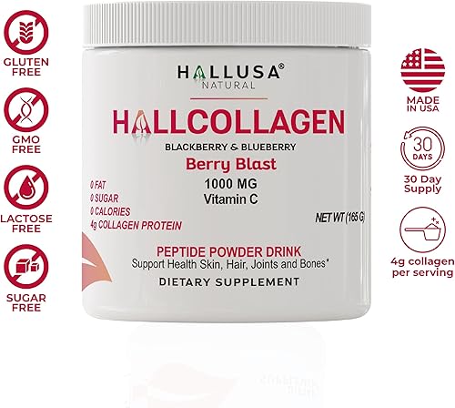 Miniatura 3 de Hallusa Natural Polvo de péptidos de colágeno hidrolizados de 1000 mg con vitamina C | Sabor a moras y arándanos | 0.14 oz de colágeno por porción |