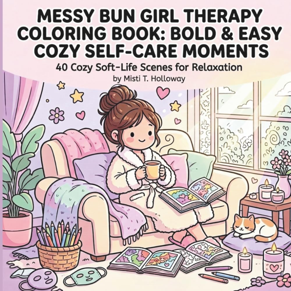 Messy Bun Girl Therapy Coloring Book: Bold & Easy Cozy Self-Care Moments: 40 Cozy Soft-Life Scenes for Relaxation & Stress Relief (Bold & Easy Coloring)