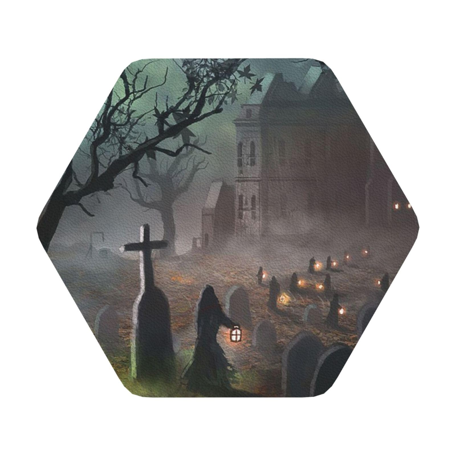 Halloween Horror PU Leather Coasters Set of 6 Hexagon Drink Coasters