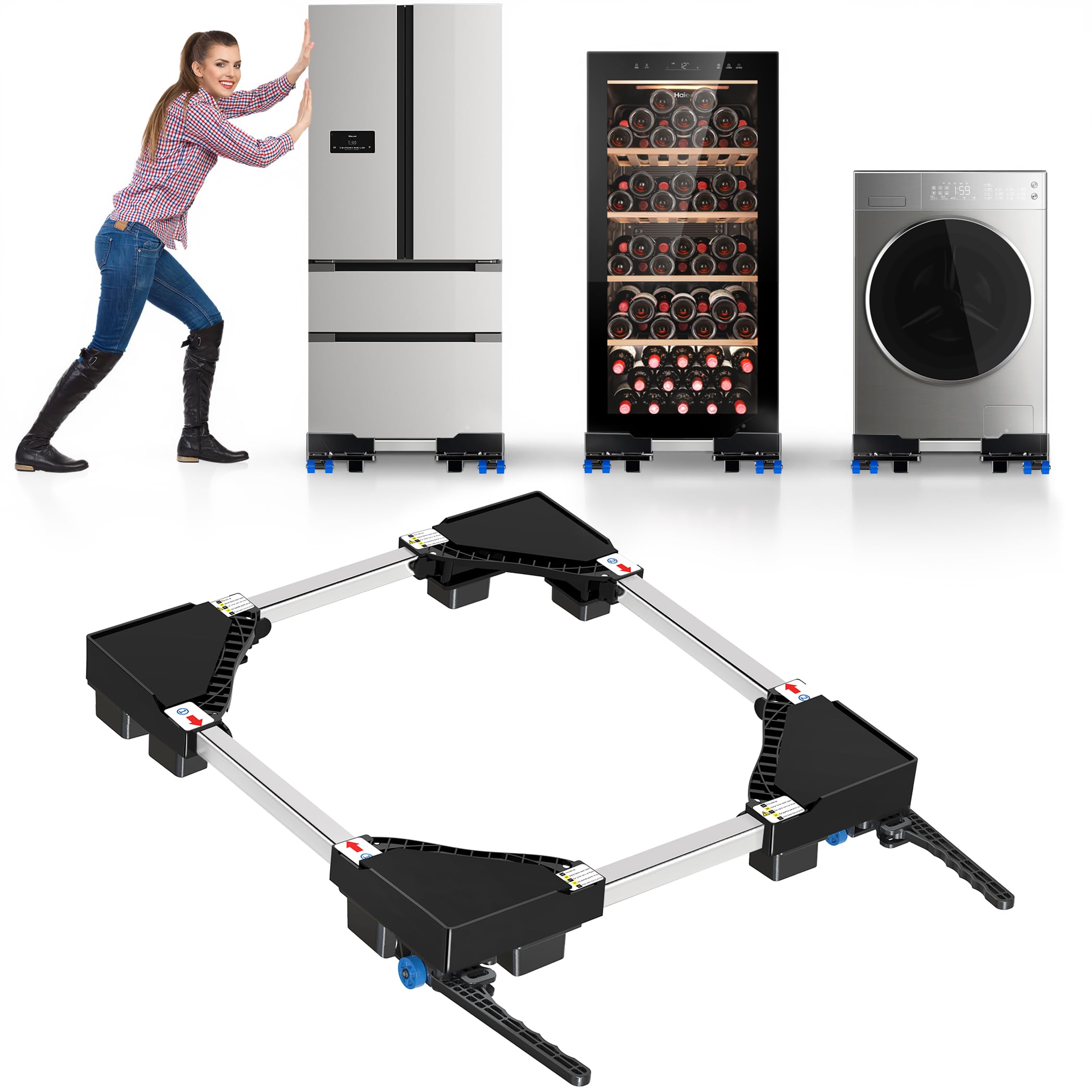 NIUXX base universale per lavatrice con ruote freno, carrello di trasporto a rulli, nero Base Regolabile per Lavatrice con Funzione di Assorbimento Degli Urti, Larghezza 42 a 69 cm, portata 400 kg