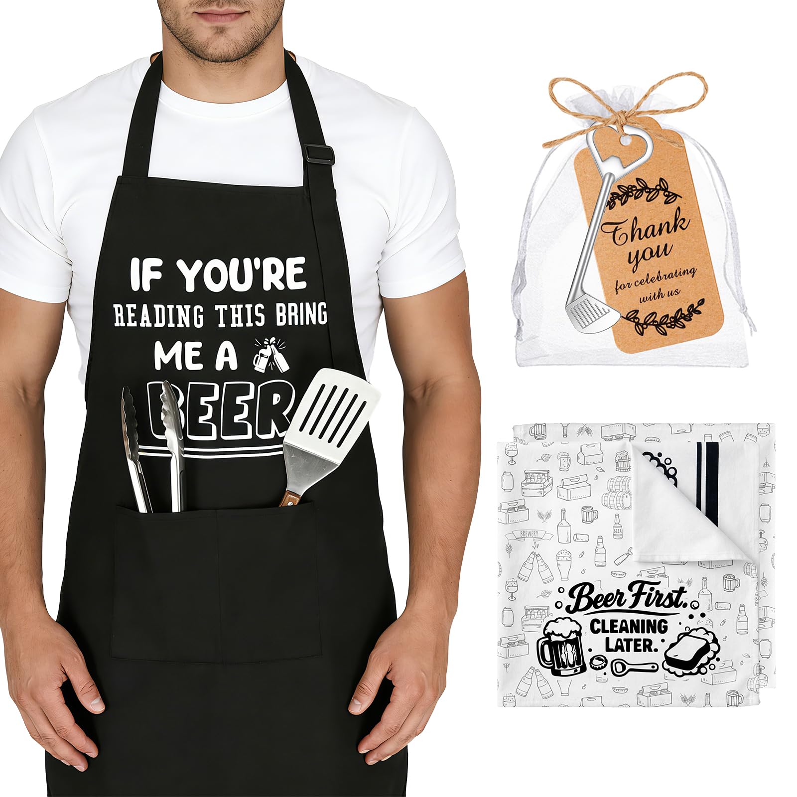 Bafeil Funny BBQ Apron Gift Set for Men - “If You’re Reading This Bring Me a Beer” Grilling Apron with Towel & Golf Bottle Opener, Beer Lover Gifts for Father, Husband, Father’s Day, Christmas
