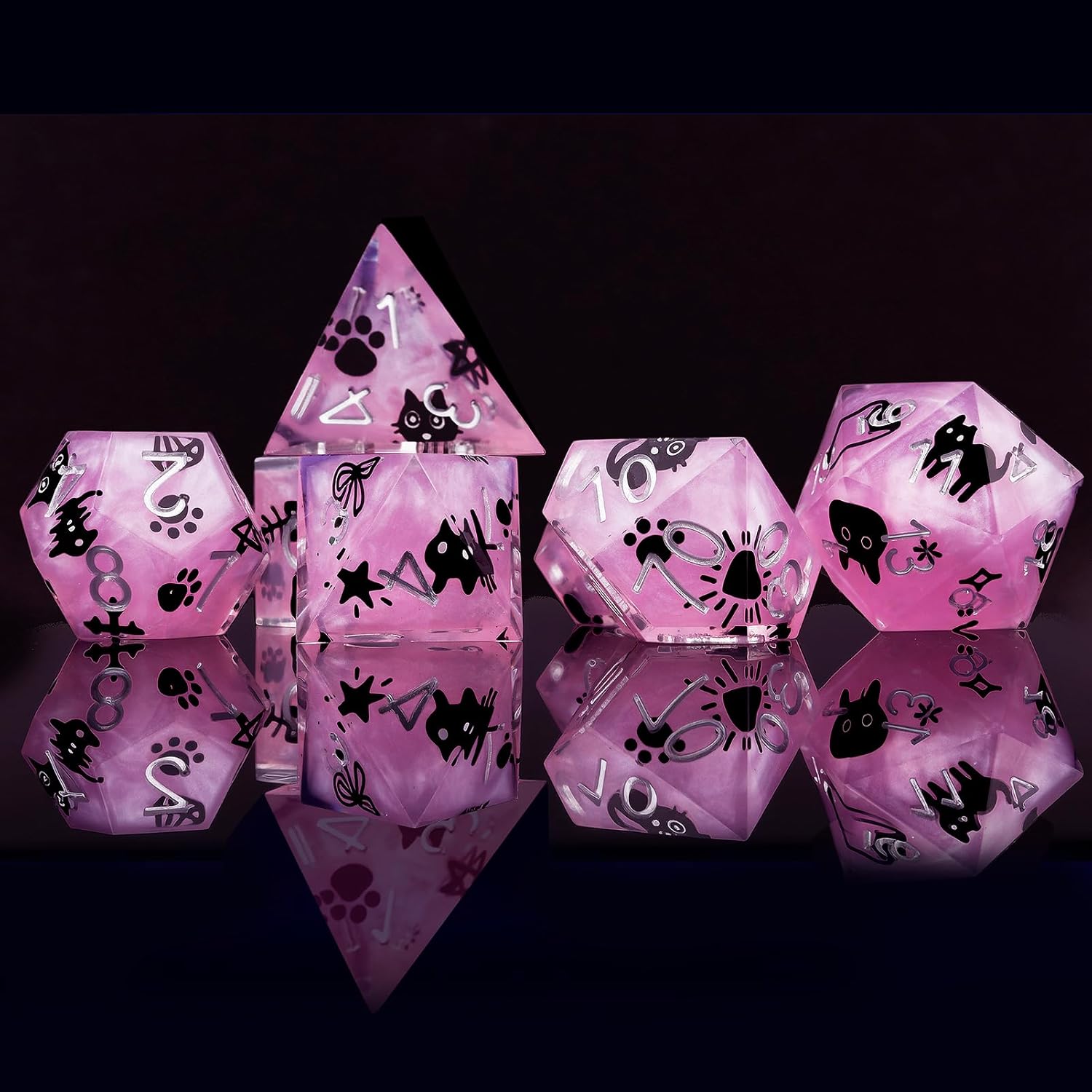 Haxtec Cat DND Dice Set Purple Sharp Edge Resin Dice Set with Dice Case, Handmade D and D Dice Polyhedral D&D Dice Set for TTRPGs Compatible with Dungeons and Dragons DND Gifts