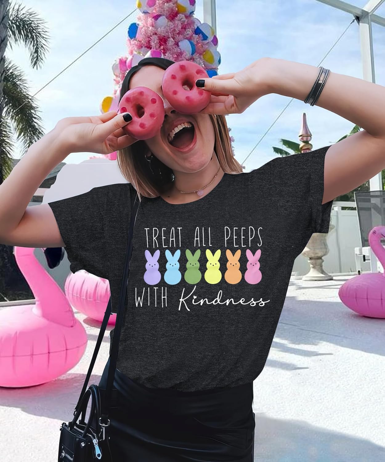 Easter Day Shirt Women Cute Bunny Tee Shirts Treat All Peeps with Kindness Letter Graphic Short Pullover Tops - Image 3