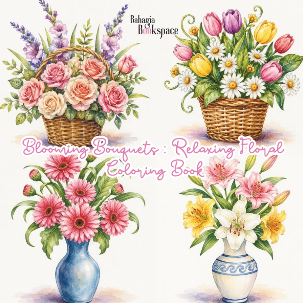 Blooming Bouquets-Relaxing Floral Coloring Book For Teens and Adults: Beautiful Flowers Bouquet for Creative Fun, Mindfulness, Relaxation and Stress Relief