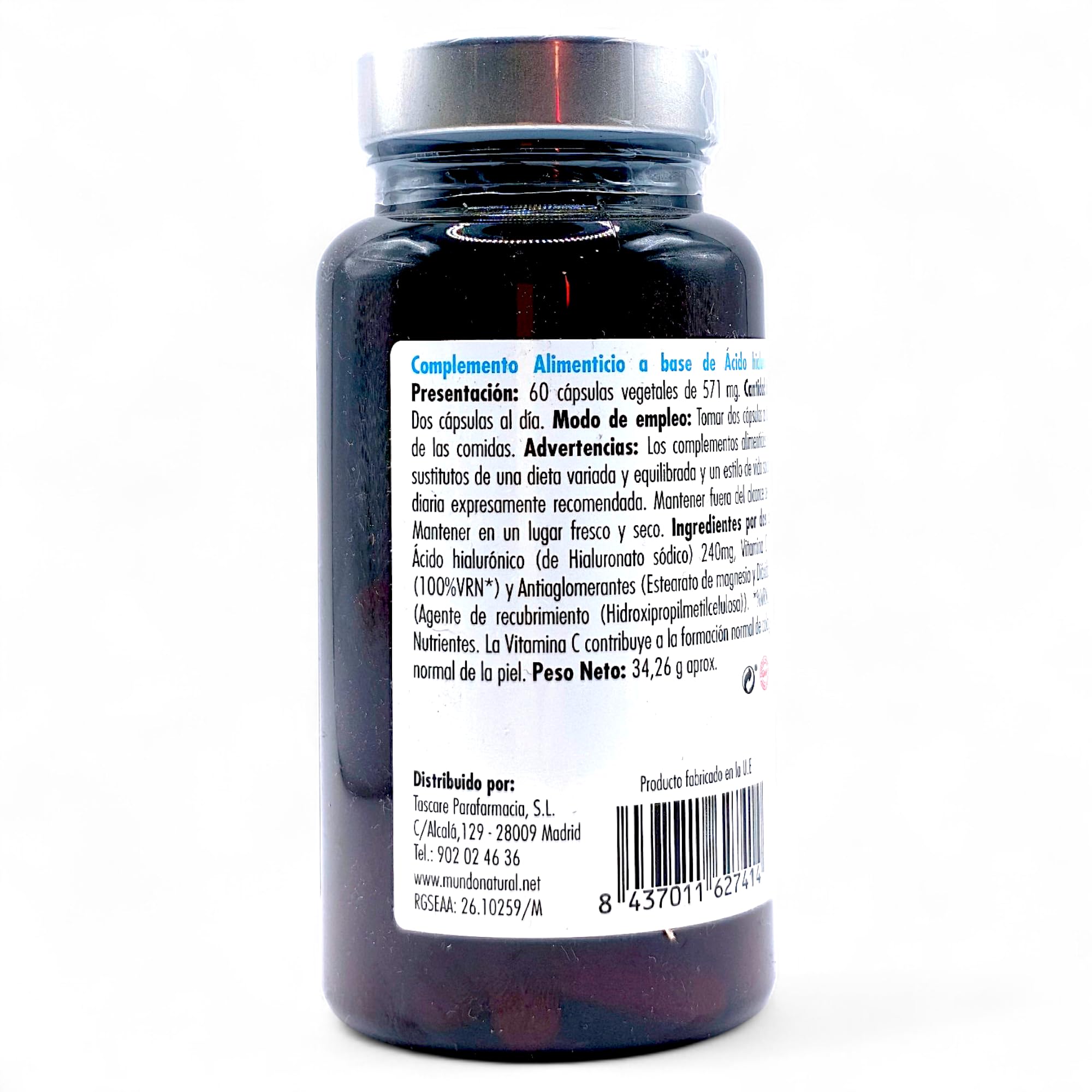 Mundo Natural Hidramas 60 Cápsulas - Ácido Hialurónico Puro y Vitamina C - Suplemento Antiedad para Piel, Articulaciones y Cartílagos - Hidratación Profunda y Formación de Colágeno