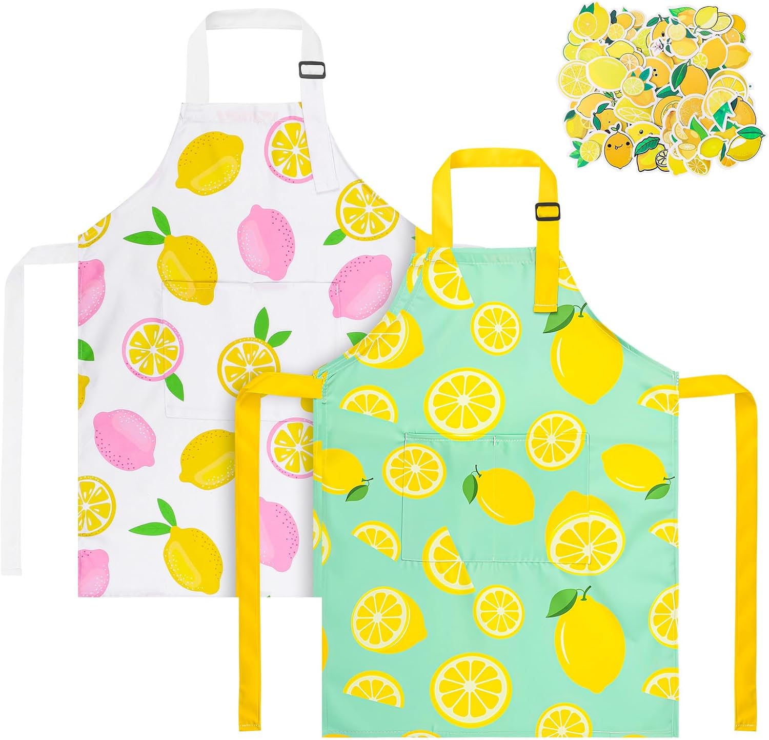 2 Pack Lemon Kids Aprons, Kids Aprons with 50pcs Lemon Stickers, Adjustable Lemonade Apron for Boys and Girls