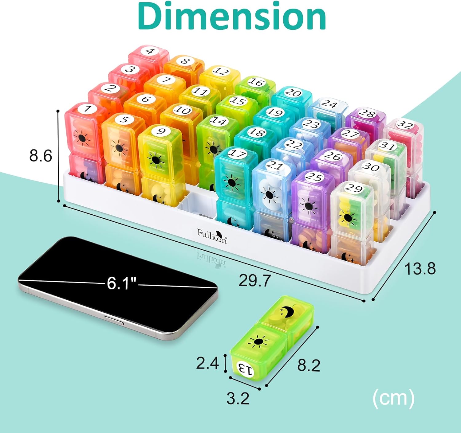 Fullicon Monthly Pill Organizer 2 Times a Day, 30 Day AM PM Pill Box with 32 Large Removable Cases, Medicine & Vitamin Storage for Travel & Home (Rainbow White)