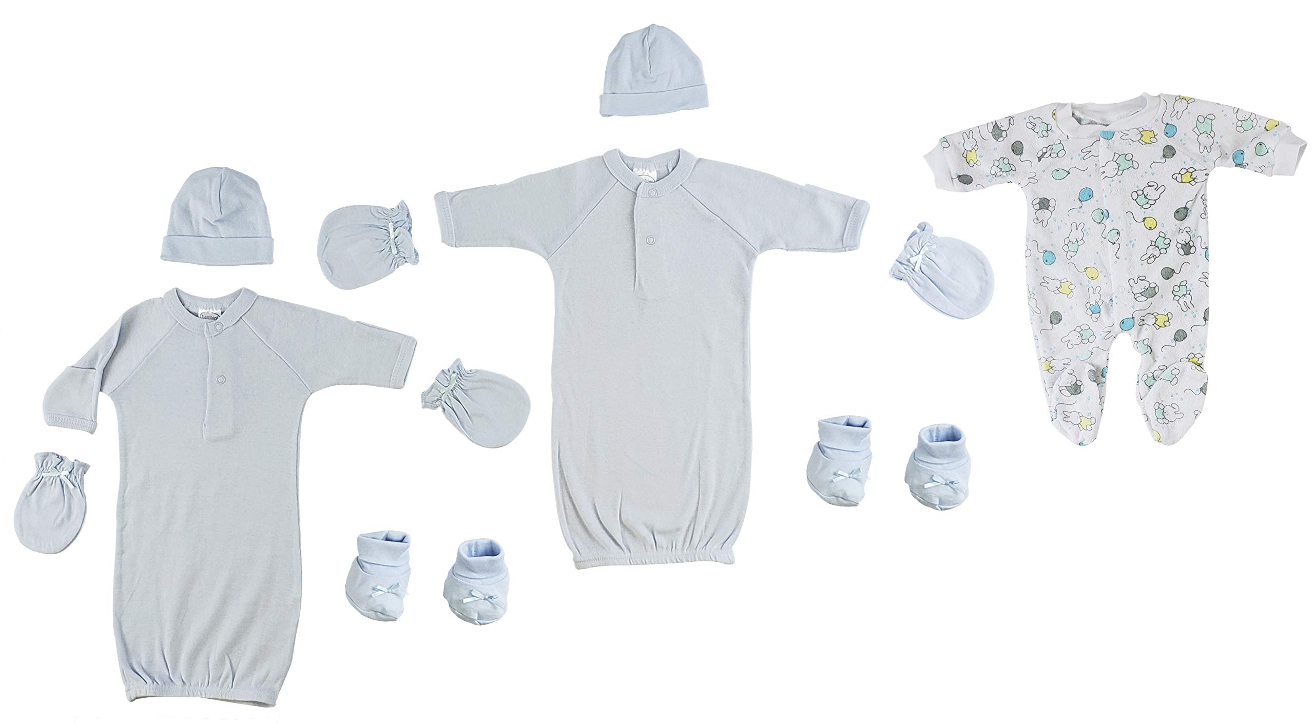 Bambini Preemie Boys Gowns, Sleep-n-Play, Caps, Mittens and Booties - 8 pc Set