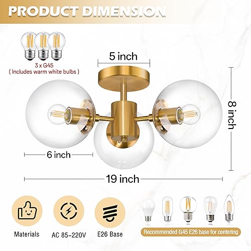Miniatura 4 de Lámpara de techo de 3 luces de cristal transparente de mediados de siglo de 19 pulgadas de latón moderno semiempotrado, lámparas de techo modernas