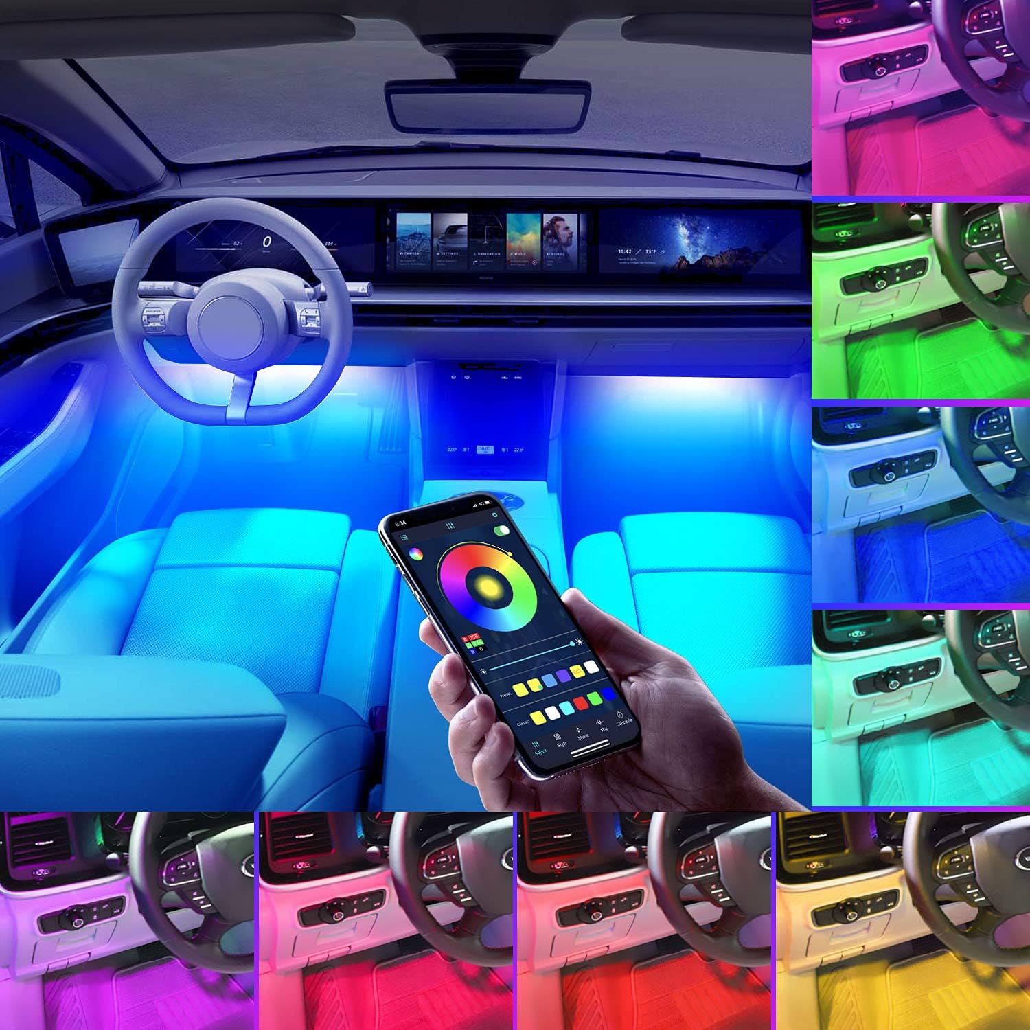 Bluetooth Interior Car Lights, 4pcs 60 LED Multicolor Music Car Strip Light Decorative Atmosphere Glow Neon Lighting Kit with Wired Button Control DC 12V