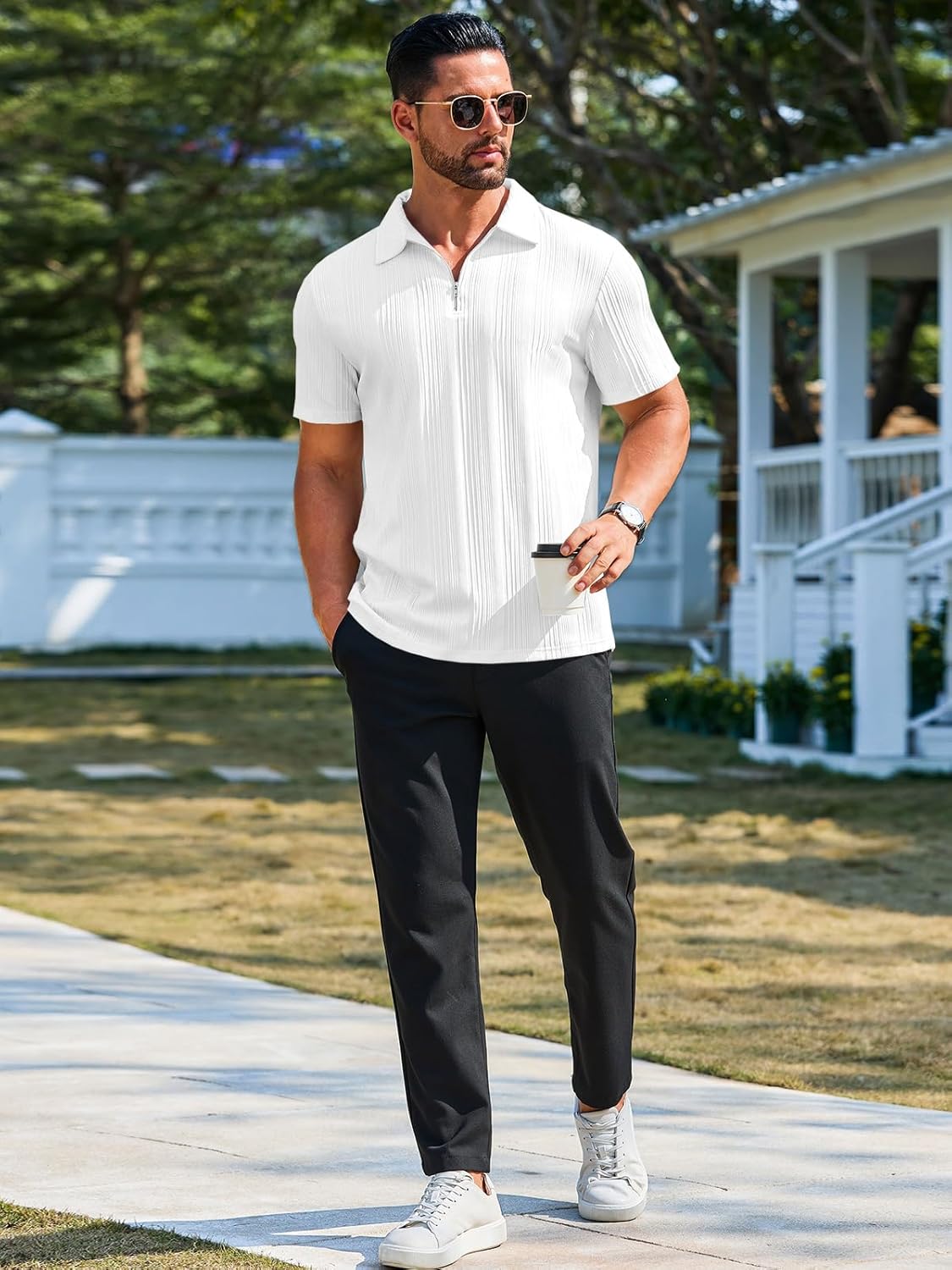 Runcati Mens Quarter Zip Polo Shirts Knit Textured Casual Short Sleeve Shirt Lightweight Golf Tops - Image 4