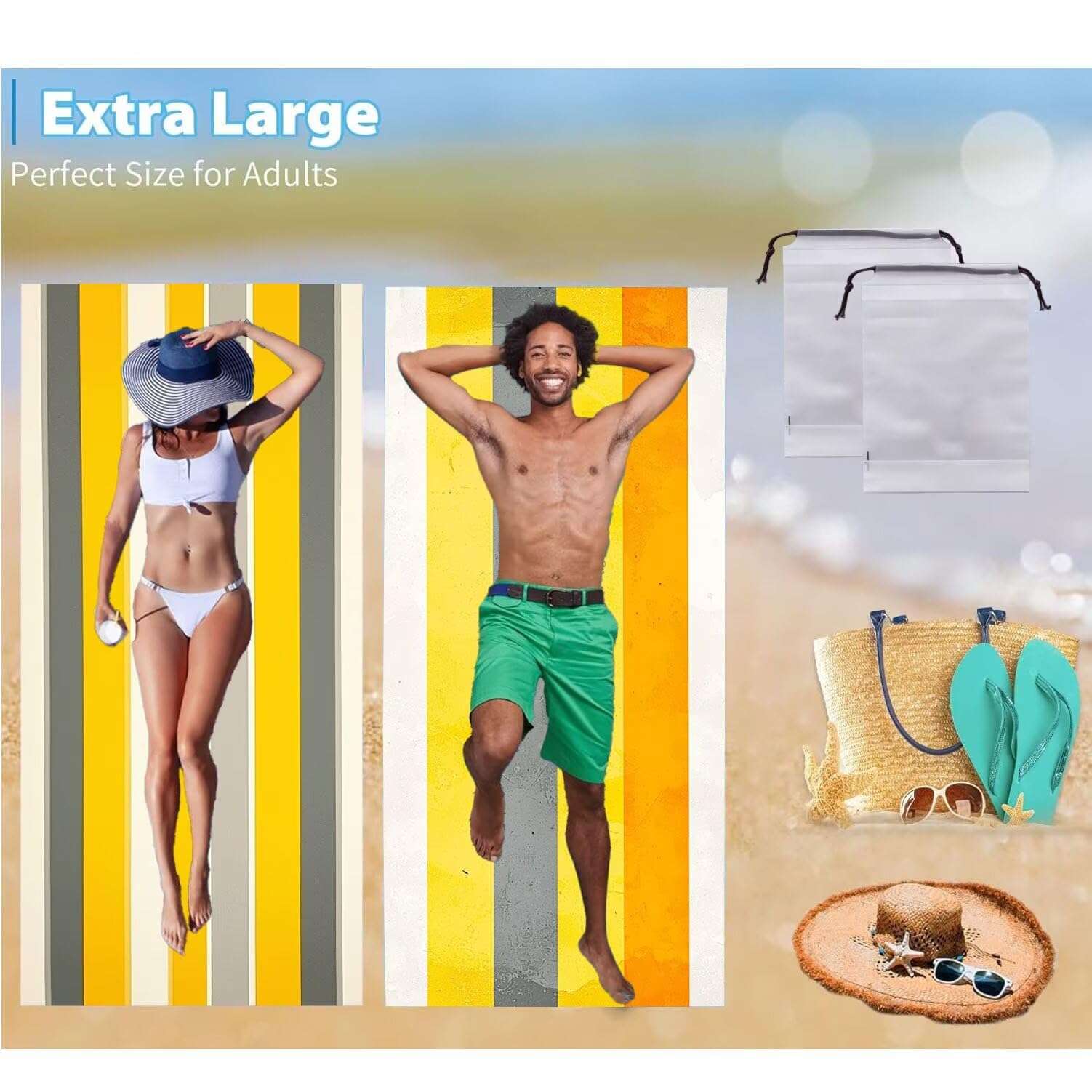 Ręcznik plażowy 90 x 200 cm, zestaw 2 dużych ręczników z mikrofibry szybkoschnący, chłonny, kompaktowy, ręcznik kąpielowy bez piasku lato koc plażowy damski do kąpieli prezent (prostota paski) H-563
