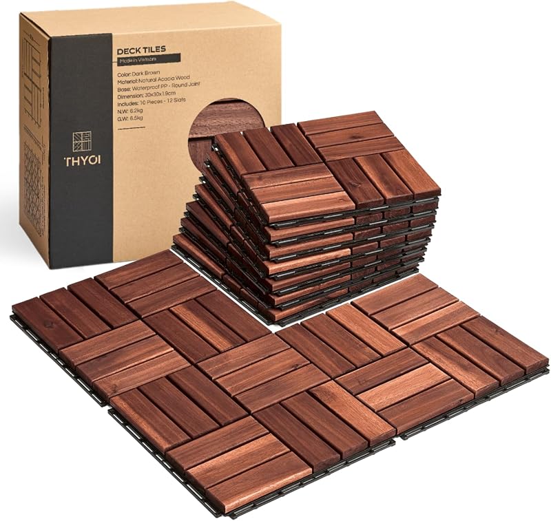 Azulejos de cubierta premium, pisos de patio de 10 piezas - Marrón - Patrón cruzado | Juntas cuadradas - Azulejos de cubierta entrelazados, madera de acacia impermeable de 12"x12" x0.9 "para balcón, patio trasero, interior y exterior