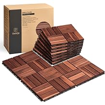 THYOI Premium Deck Tiles, Patio Flooring - Set 10 Pcs 12&rdquo;x12&rdquo;x0.9&rdquo; Interlocking Deck Tiles, Waterproof Acacia Wood for Balcony, Backyard, Indoor &amp; Outdoor (Brown, Crossed Pattern, Square Joints)