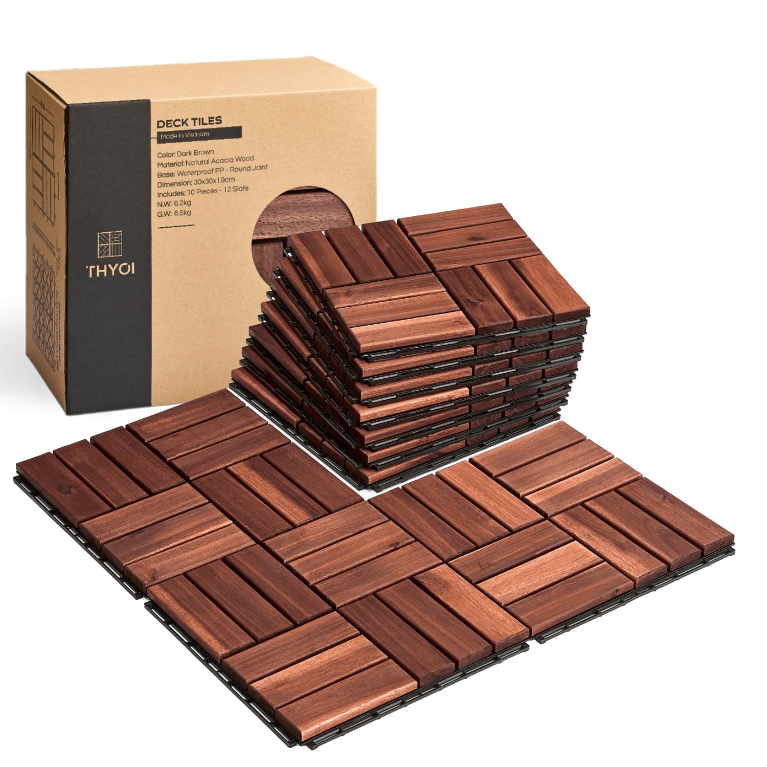 Premium Deck Tiles, 10 Piezas Piso para Patio - Blanco - Patrón Cruzado | Uniones Cuadradas - Baldosas de Madera de Acacia 12"x12"x0.5" Impermeables para Balcón, Patio, Interior y Exterior miniatura 1