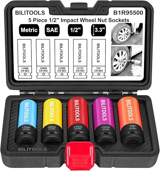 BILITOOLS 1/2 inch Drive Impact Lug Nut Socket Set, Metric 17-19 - 21 mm & SAE 13/16-7/8 inch Non-Marring Thin Wall Wheel Nut Socket