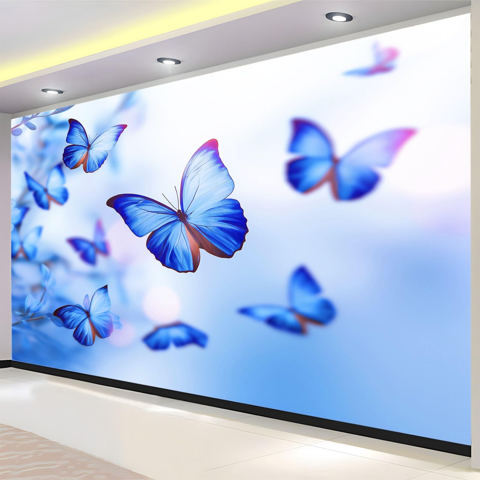 Fototapeta 3D 350 x 256 cm - niebieska włóknina tapeta ścienna do salonu i telewizora biura - dekoracja XXL niesamoprzylepna marzyciel światło i cień motyle w locie