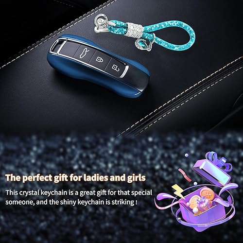 Miniatura 5 de Llavero brillante para automóvil, correa con anillo en D, accesorios de decoración de llaves de vehículo para mujeres y niñas (azul claro)